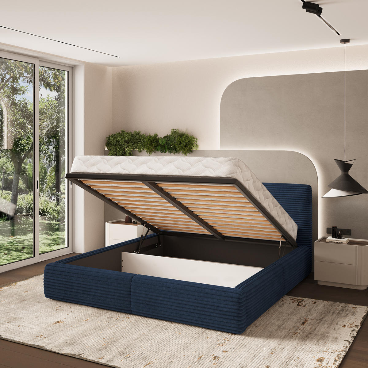 POLSTERBETT FELURO 160x200 cm mit Bettkästen - Blau - Blau, Holz (160/200cm) - MASSENO