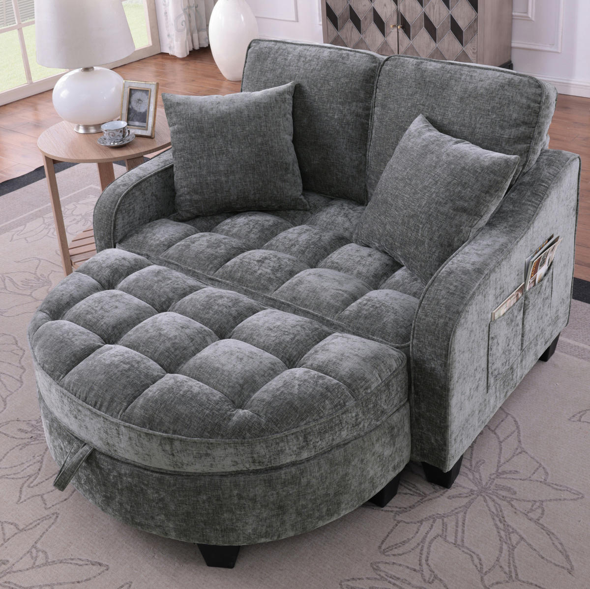 SOFA-BETT 132/129/93 cm aus Eukalyptusholz mit Aufbewahrungshocker Dunkelgrau - Dunkelgrau, Holz (129/93/132cm) - Modenvie