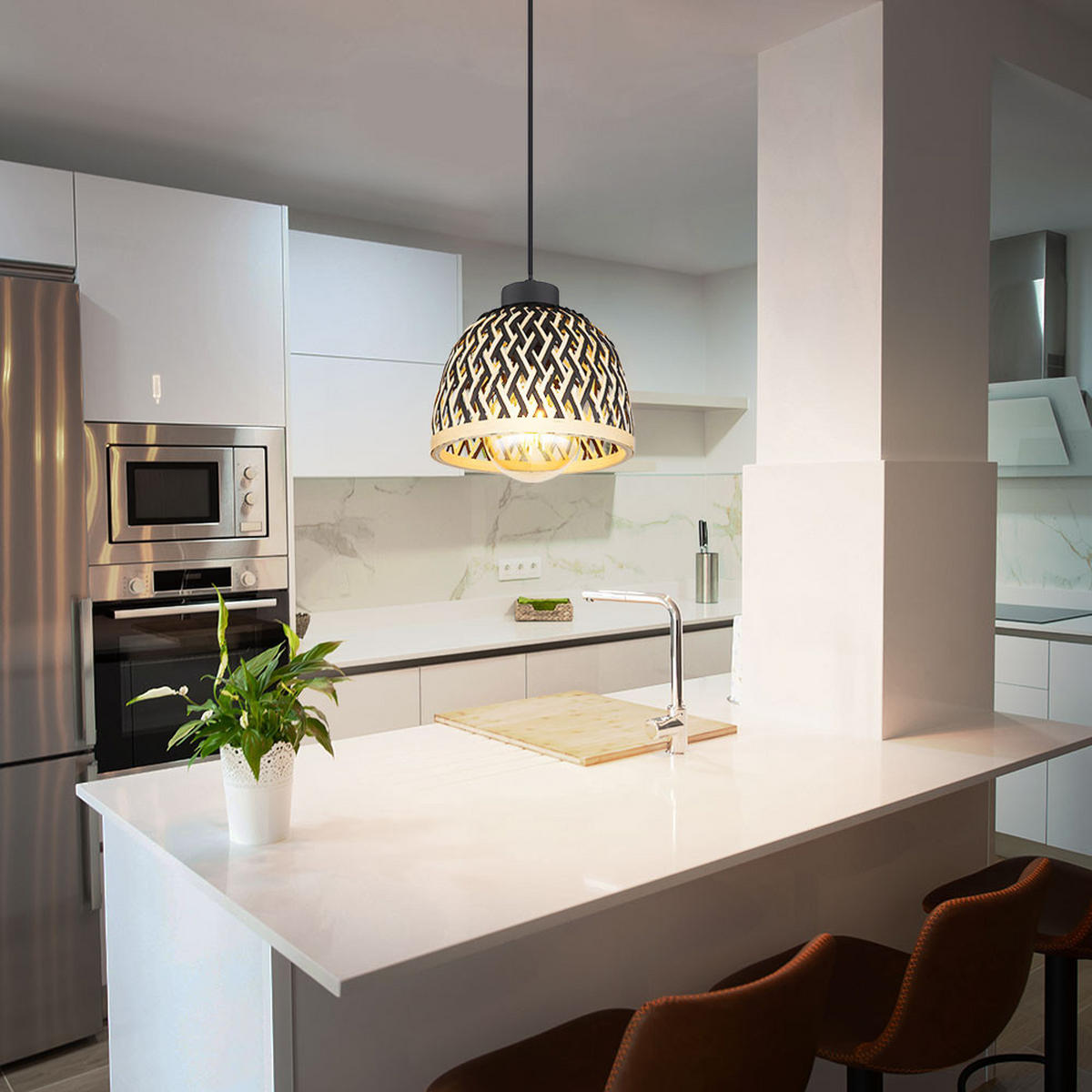 PENDELLEUCHTE Metall Bambus Schwarz-matt - Schwarz, Holz (20/20/120cm) - Globo Lighting