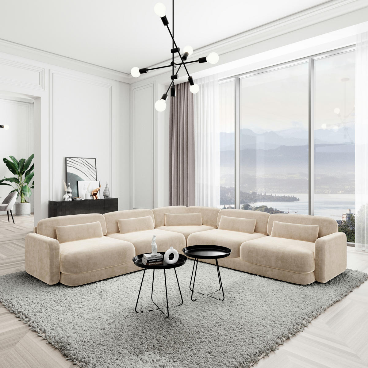 ECKSOFA Valencia L Form Samtstoff Creme - Creme, Textil (229/229cm) - Sofa Dreams