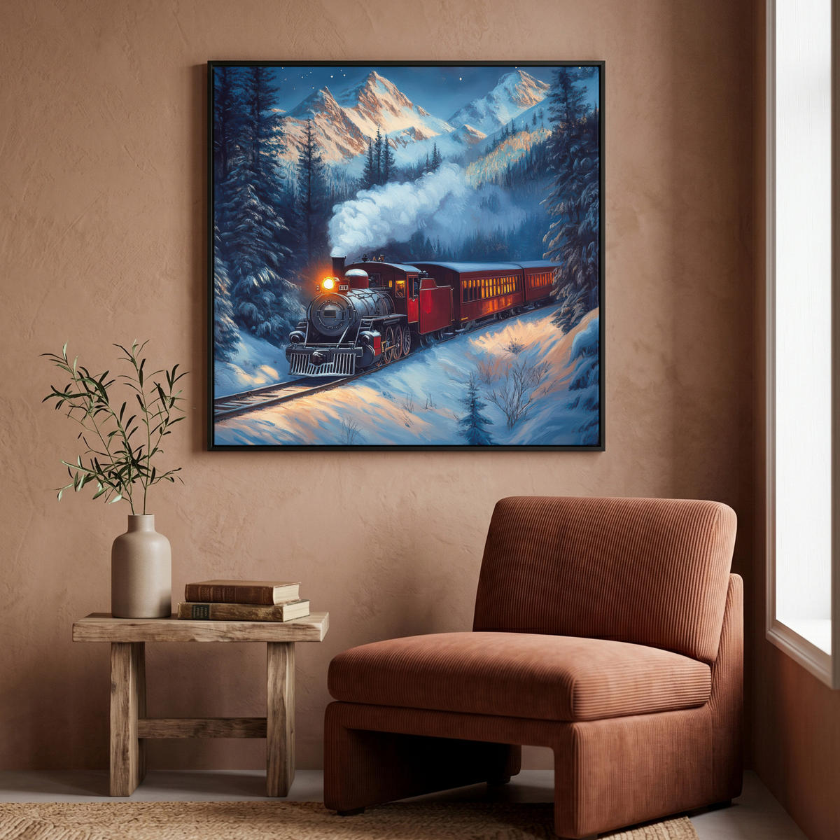 LEINWAND Bilder mit Rahmen - Zug - Weihnachten - Schnee - Weihnachtszug - 90x90 - Anthrazit, Textil (90/90cm) - MuchoWow