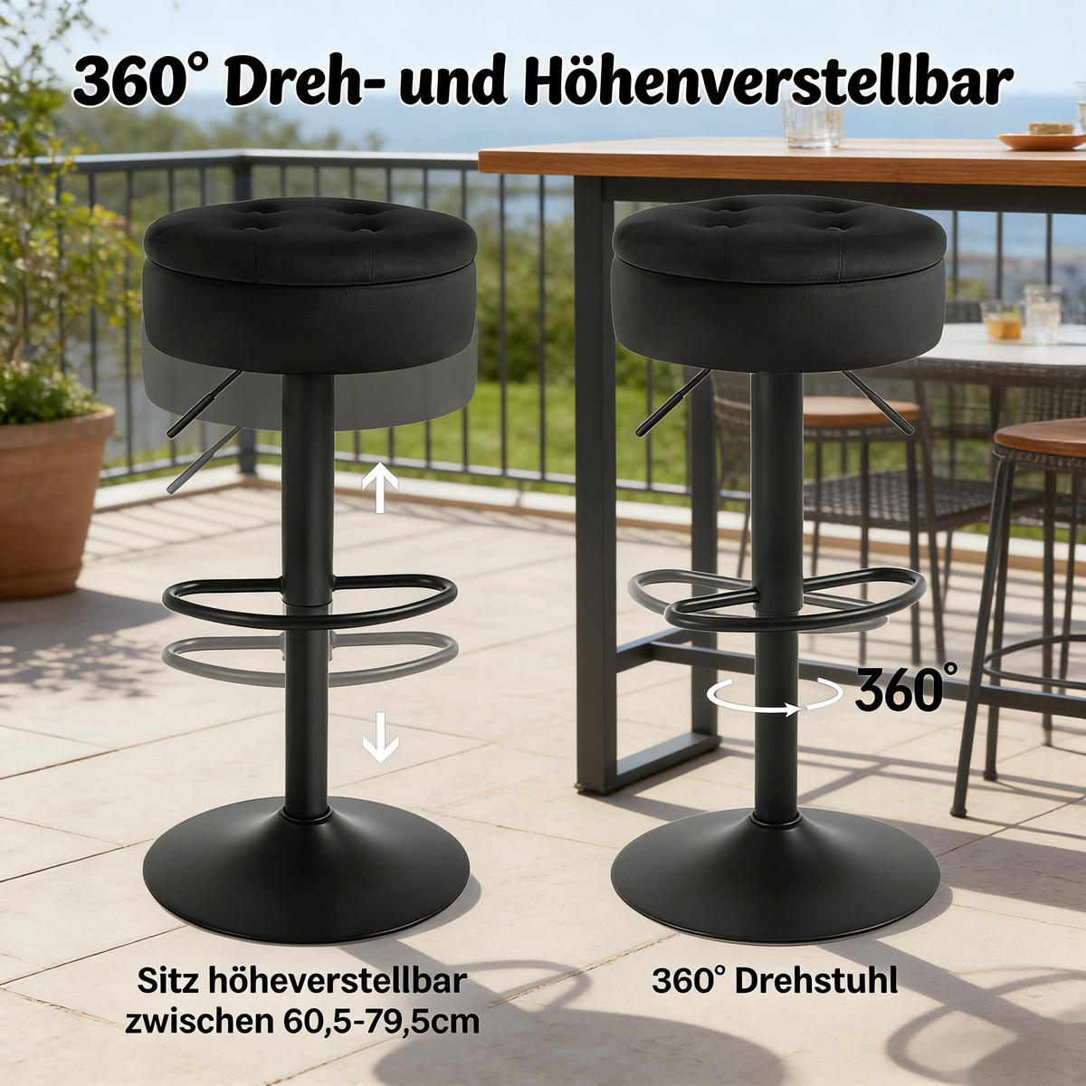 BARHOCKER 1er-Set Schwarz aus Samt drehbar höhenverstellbar mit Aufbewahrungsraum - Schwarz, Metall (39/79.5/39cm) - PANGIVO