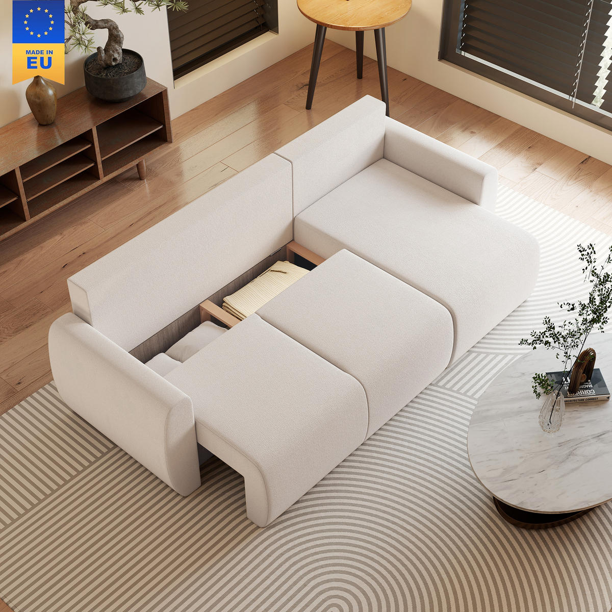 SCHLAFSOFA Veloursbezug Cremeweiß - Creme/Weiß, Holzwerkstoff/Kunststoff (140/90/250cm) - HOMCOM