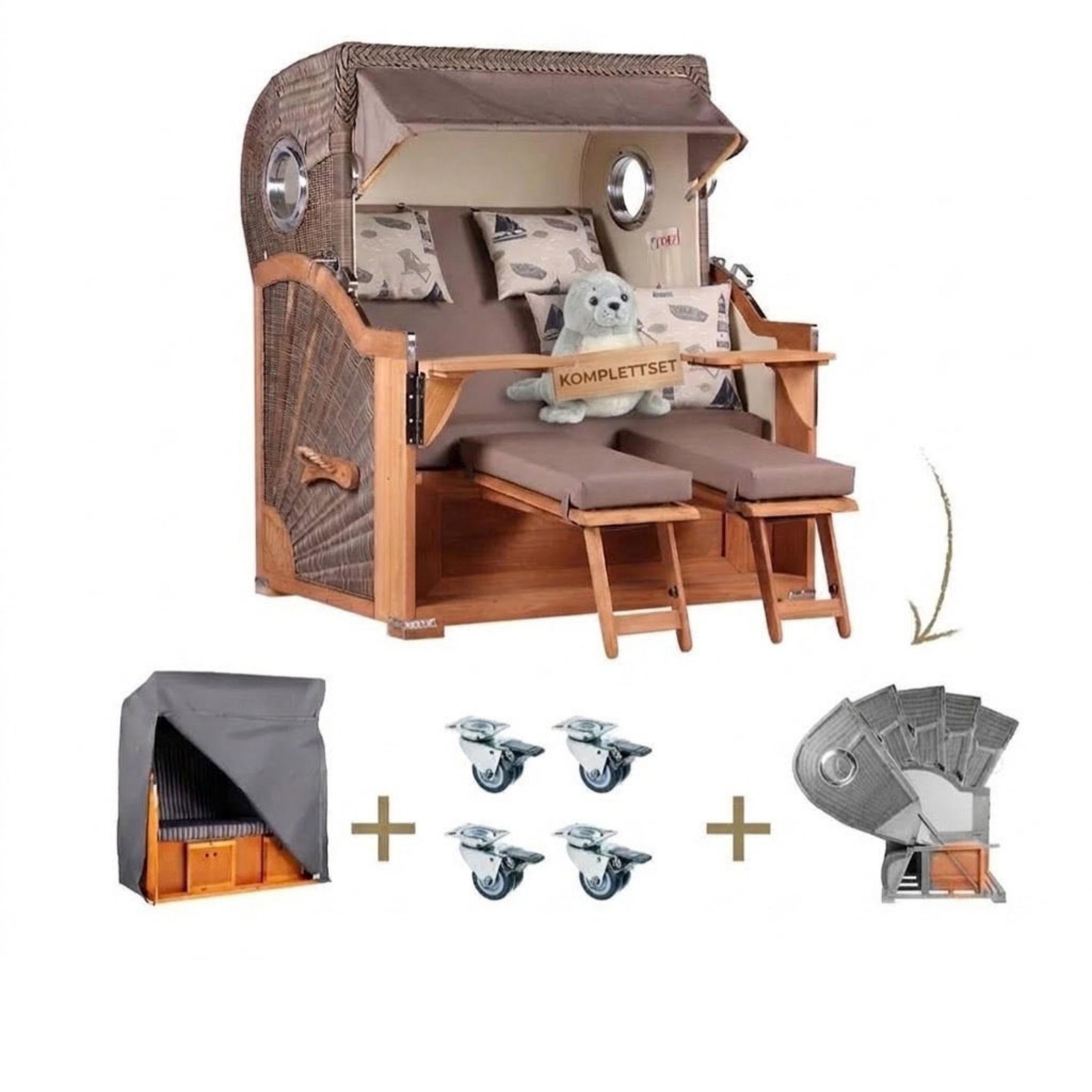 STRANDKORB Komplettset Baltikum Teak Bullauge PE Grey Dessin 540 - Braun, Naturmaterialien/Metall (142/170/95cm) - Mr. Deko