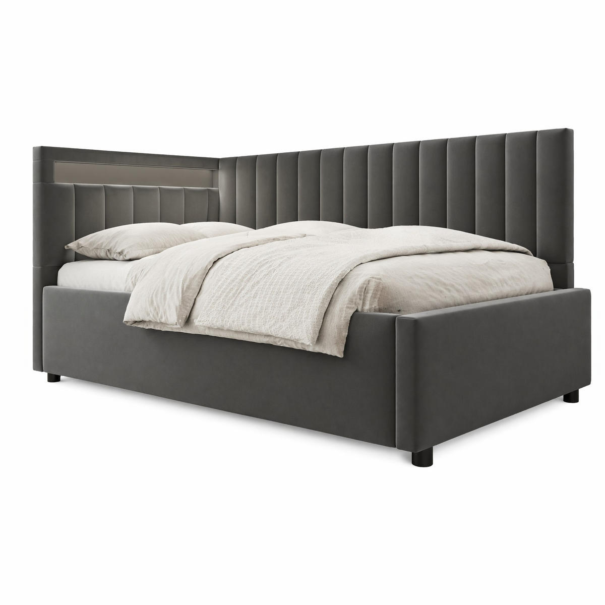 SCHLAFSOFA 90/200 cm in Grau Samt mit LED und Bettkasten - Dunkelgrau, Holzwerkstoff/Textil (90/200cm) - CHICFURN