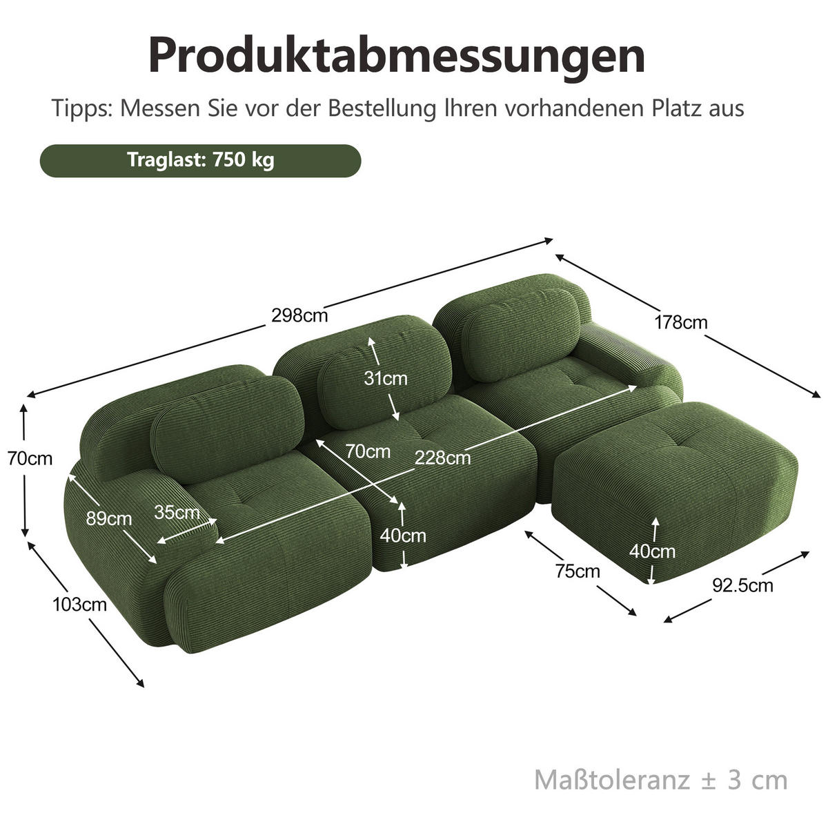 ECKSOFA in Grün aus Cord mit 32D-Schaum, rahmenlos und montagefrei - Grün, Textil (178/298cm) - Flora Grace