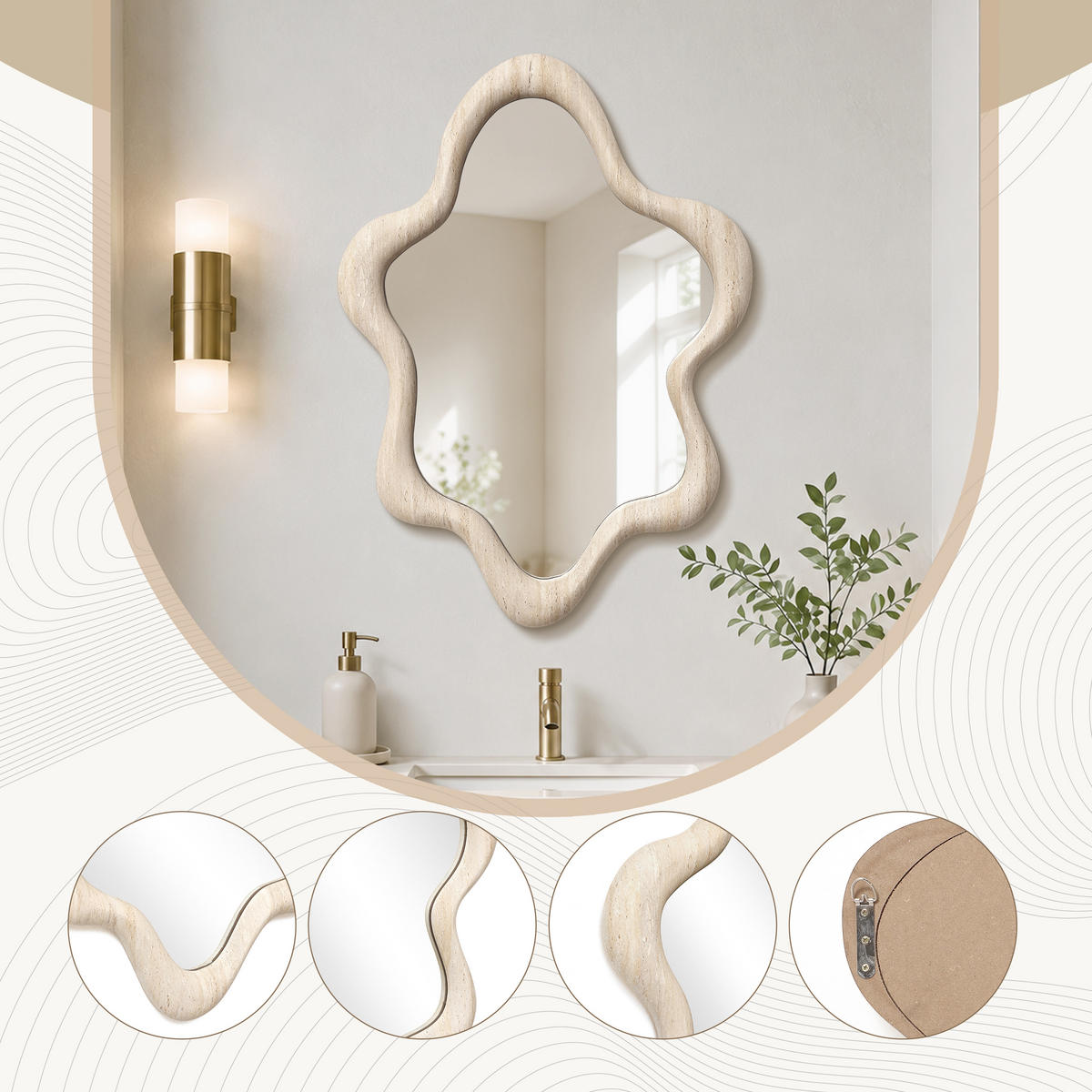 SPIEGEL Asymmetrischer mit Holzrahmen 70×50 cm - Beige, Glas/Holz (50.5/4.5/70cm)