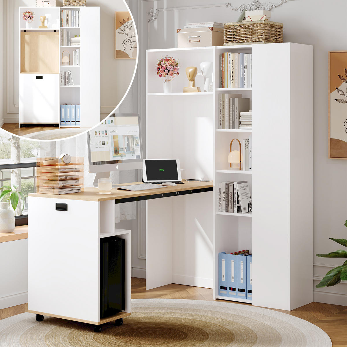 BÜROTISCH mit Regal und ausziehbarem Arbeitstisch – Weiß Holzoptik - Weiß, Holzwerkstoff/Metall (30.5/104.5/160cm) - Urban Meuble