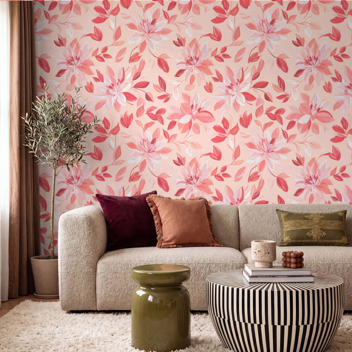 TAPETE - Botanisch - Blumen - Rot - 240x200 cm - Koralle, Papier (240/200cm) - OnlyWow