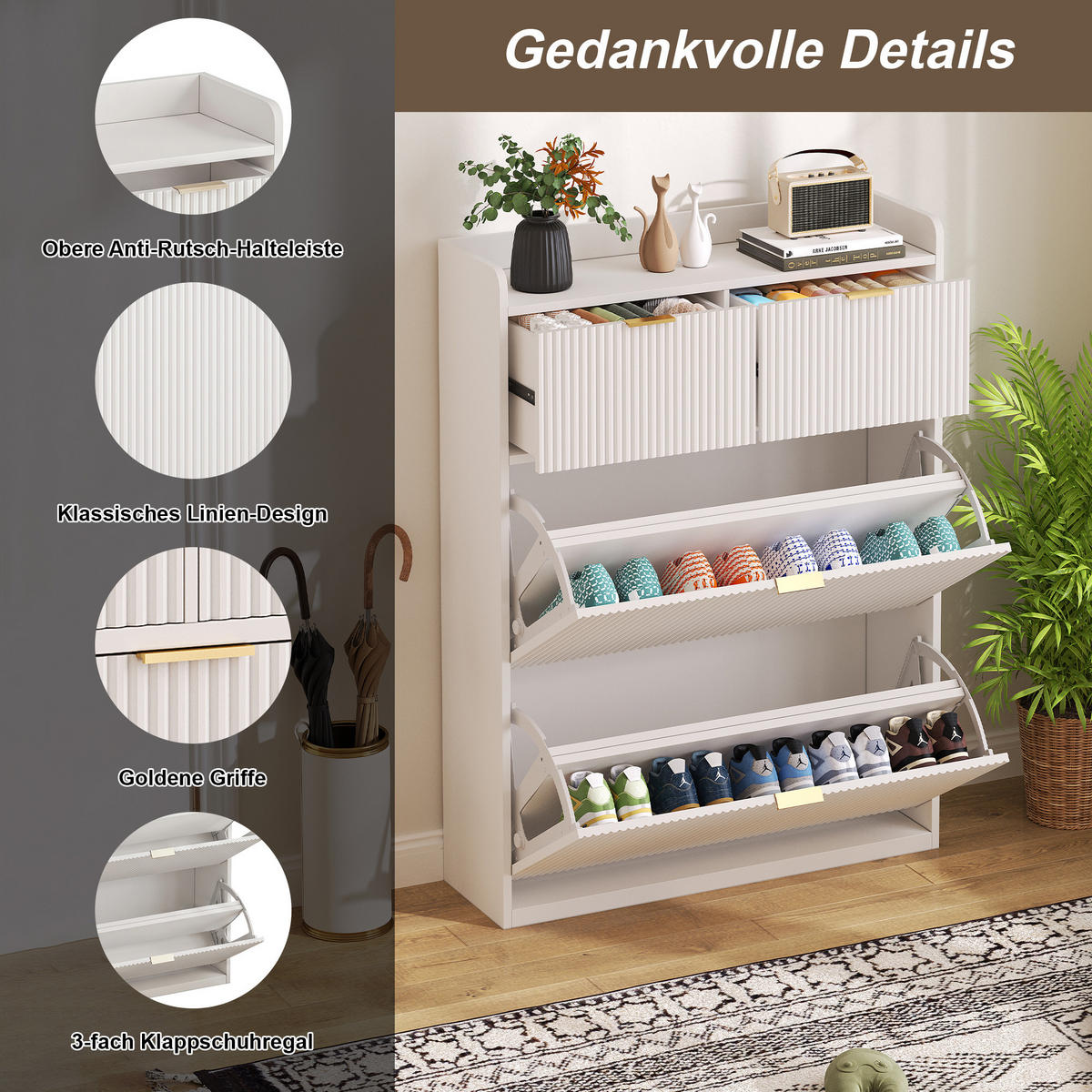 SCHUHSCHRANK mit zwei Schubladen und zwei Klappfächern, schmales Eingangsmöbel, mit Kippschutz, Weiß - Goldfarben/Weiß, Holzwerkstoff/Metall (24/110/8cm) - GENKI LIVING