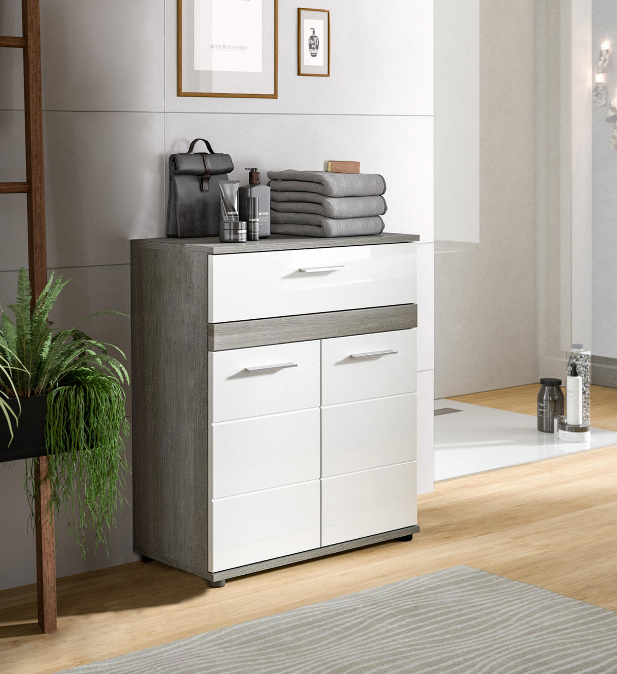 BADKOMMODE weiß Hochglanz, grau 71 cm, Badschrank mit Rillenoptik - Chromfarben/Weiß Hochglanz, Holzwerkstoff/Kunststoff (71/79/31cm) - Inn.Furn