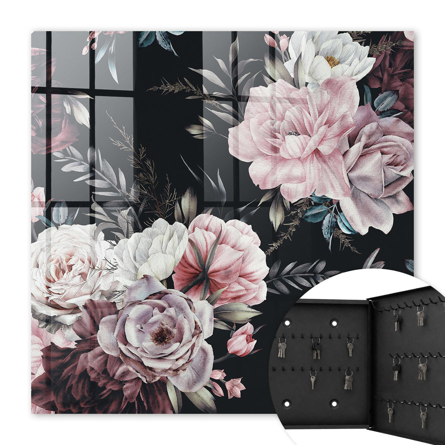 SCHLÜSSELBOX Schwarz 30x30 cm- Türöffnung nach rechts - Blumenzauber - Pink, Metall (30/30/5cm) - TULUP