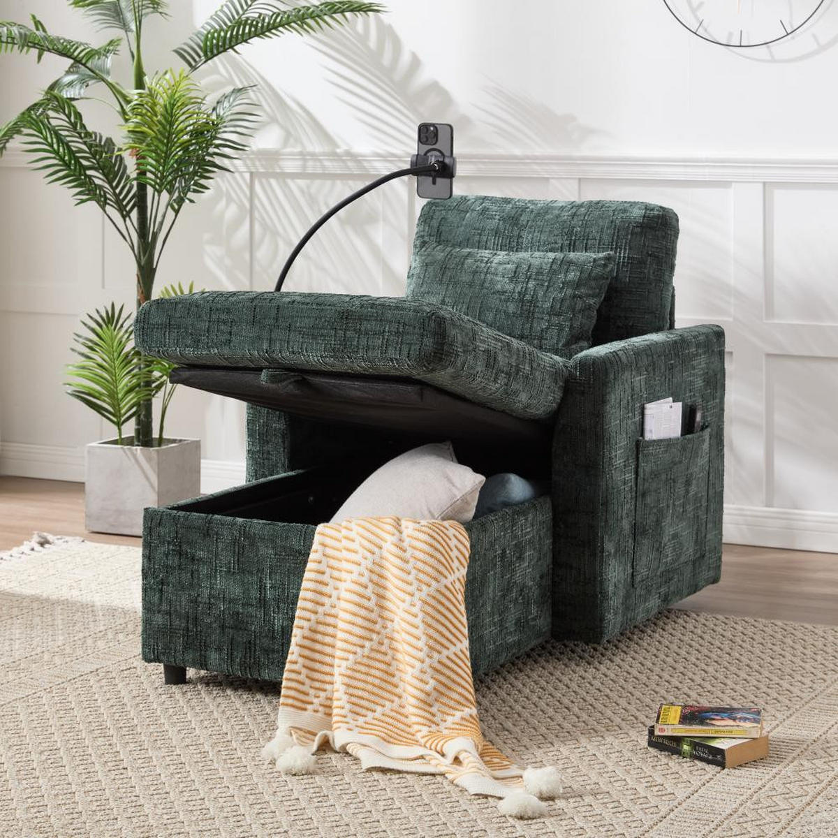 FERNSEHSESSEL Relaxsessel,Polsterliege mit Stauraum,Chenille,Grün - Grün, Holz (84.5/87/125cm) - LVHOM