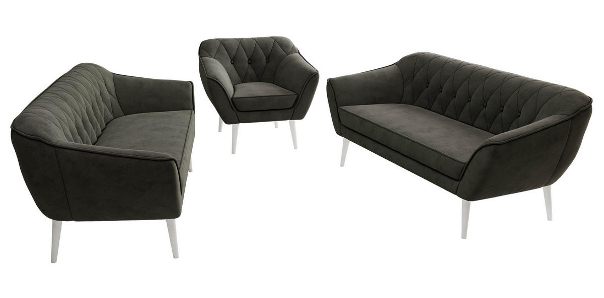 SEDACIA ZOSTAVA 3+3+1 PIRS - Tmavosivá Samet - Biele nohy - biela/tmavosivá, kompozitné drevo/textil (180/75/74cm) - MKS
