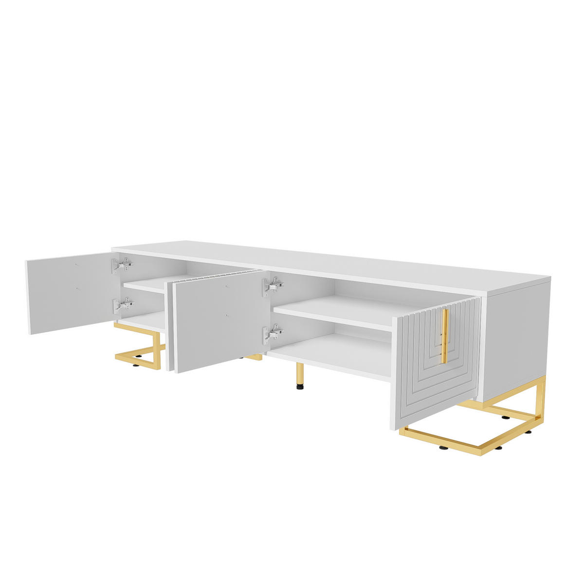 TV-LOWBOARD aus Spanplatte 170x40x45,5 cm Weiß mit 4 Türen, goldfarbenen Griffen und verstellbaren Füßen - Weiß, Holzwerkstoff (200/60/35cm) - Modfu