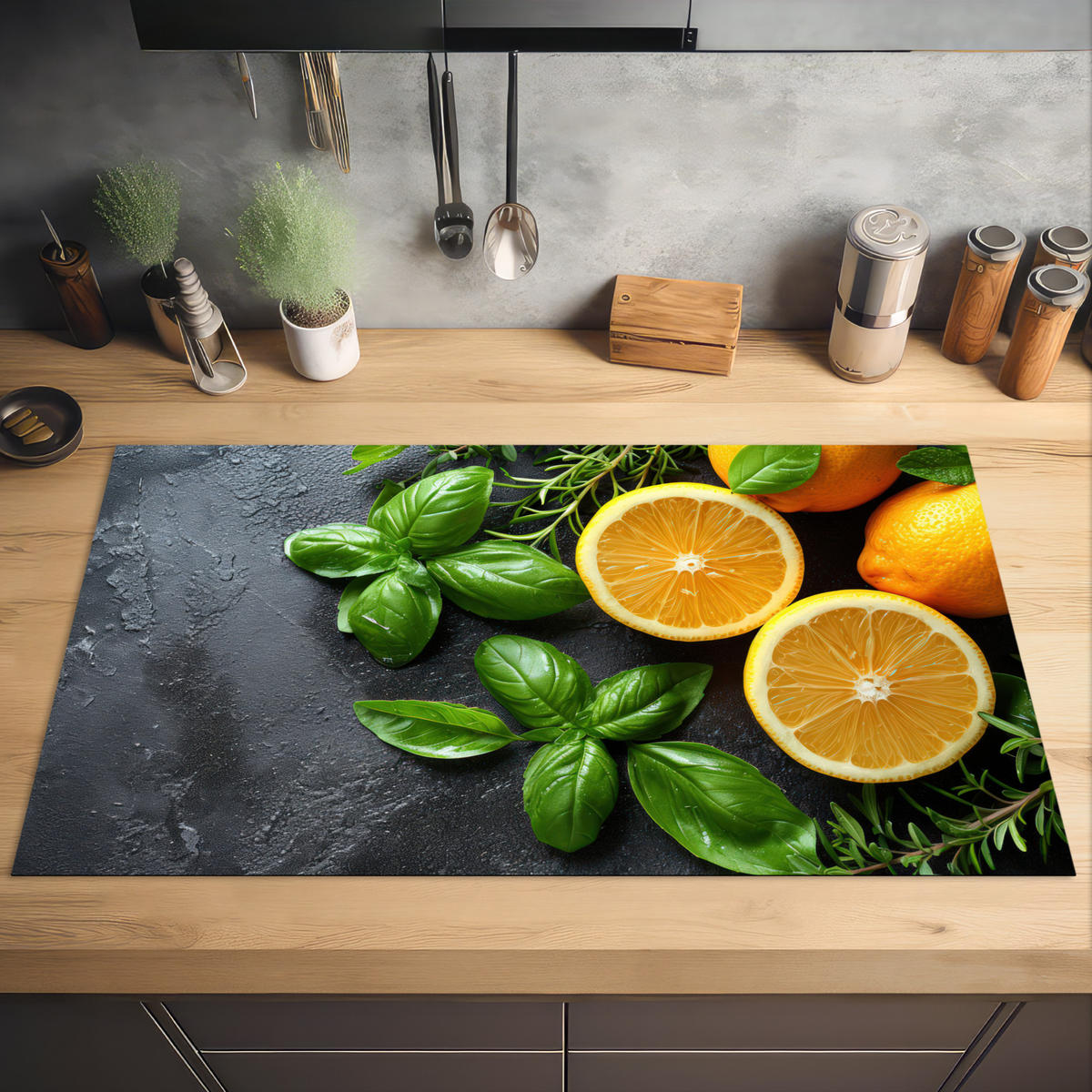 HERDABDECKPLATTE Obst - Grau - Konkret - Orange - Pflanzen Induktionsschutz 91.2x52 cm - Anthrazit, Kunststoff (91.2/52/0.2cm) - MuchoWow