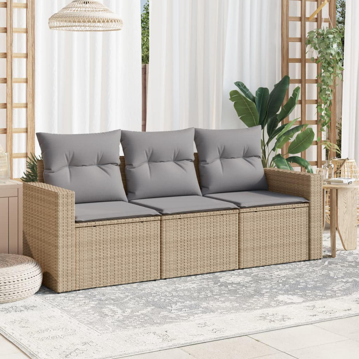 GARTEN-SOFAGARNITUR 3-teilig Mit Kissen Beige Poly Rattan - Beige, Kunststoff - vidaXL
