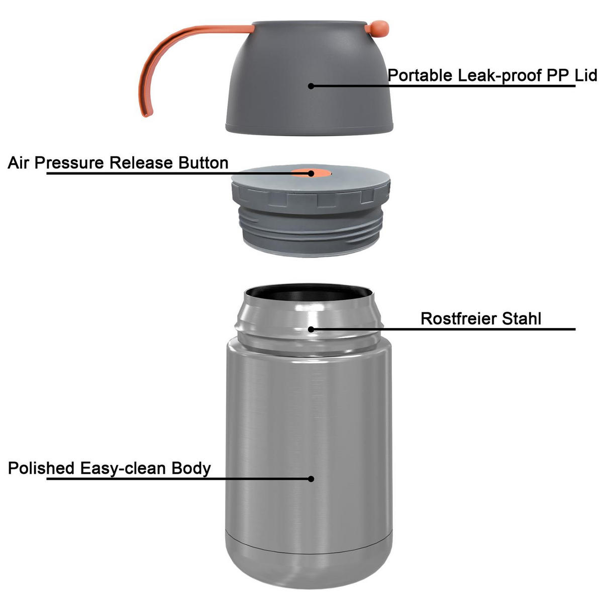 THERMOBEHÄLTER 650ml Auslaufsicher - Grau, Metall (0.65L) - Intirilife
