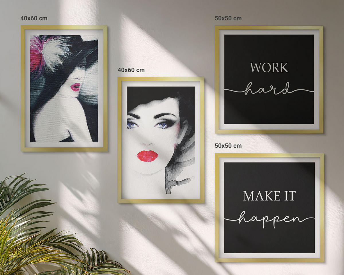 BILDER SET 4er Set - 50x50 cm & 40x60 cm Goldrahmen - Porträts von Frauen mit Lippen - Goldfarben, Kunststoff (50/50cm) - TULUP