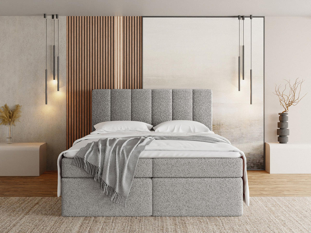 BOXBETT Amira mit Bettkasten, Boucle Grau 180/200 cm – 7-Zonen Taschenfederkern-Matratze & Komfortschaum-Topper - Hellgrau/Schwarz, Holz/Holzwerkstoff (180/200cm) - WFL GROUP