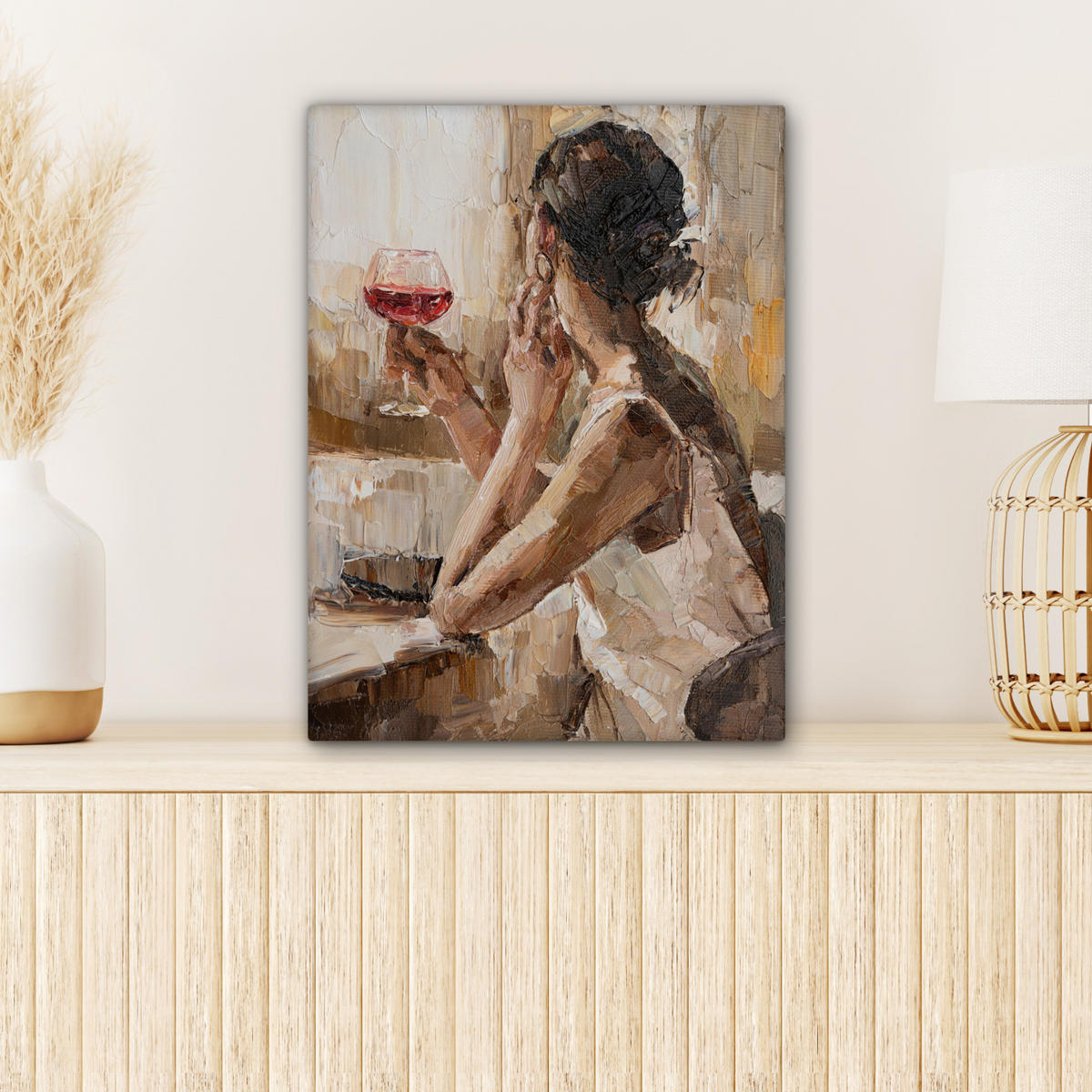 LEINWANDBILD Ölgemälde - Frau - Wein 30x40 cm - Hellbraun, Textil (30/40cm) - MuchoWow