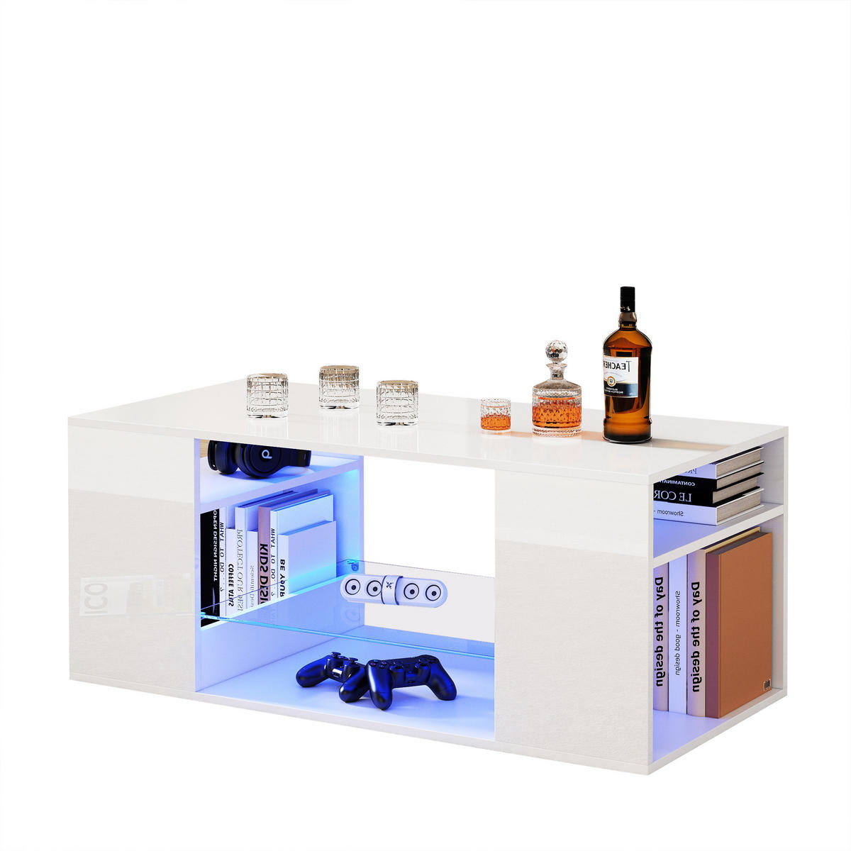 COUCHTISCH 96/45/45 cm hochglänzend mit LED-Beleuchtung und Glasplatte - Weiß, Holzwerkstoff (45/45/96cm) - OKWISH