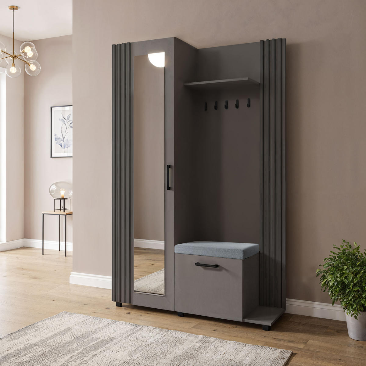 GARDEROBE Linaro mit Spiegel, Sitzbank in Lamellen-Optik 137/207/42 cm, Rechts - Dunkelgrau/Schwarz, Holzwerkstoff (137/207/42cm) - WFL GROUP