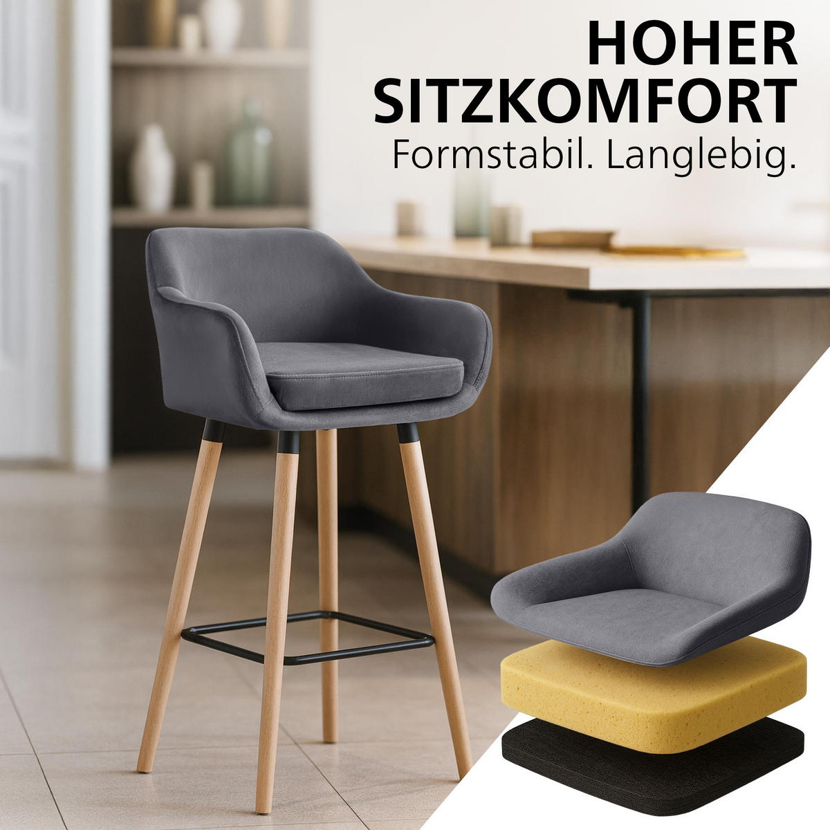 BARHOCKER 2er Set Samt Grau - Eukalyptusholzfarben/Grau, Holz/Textil (55/99/46cm) - CLP