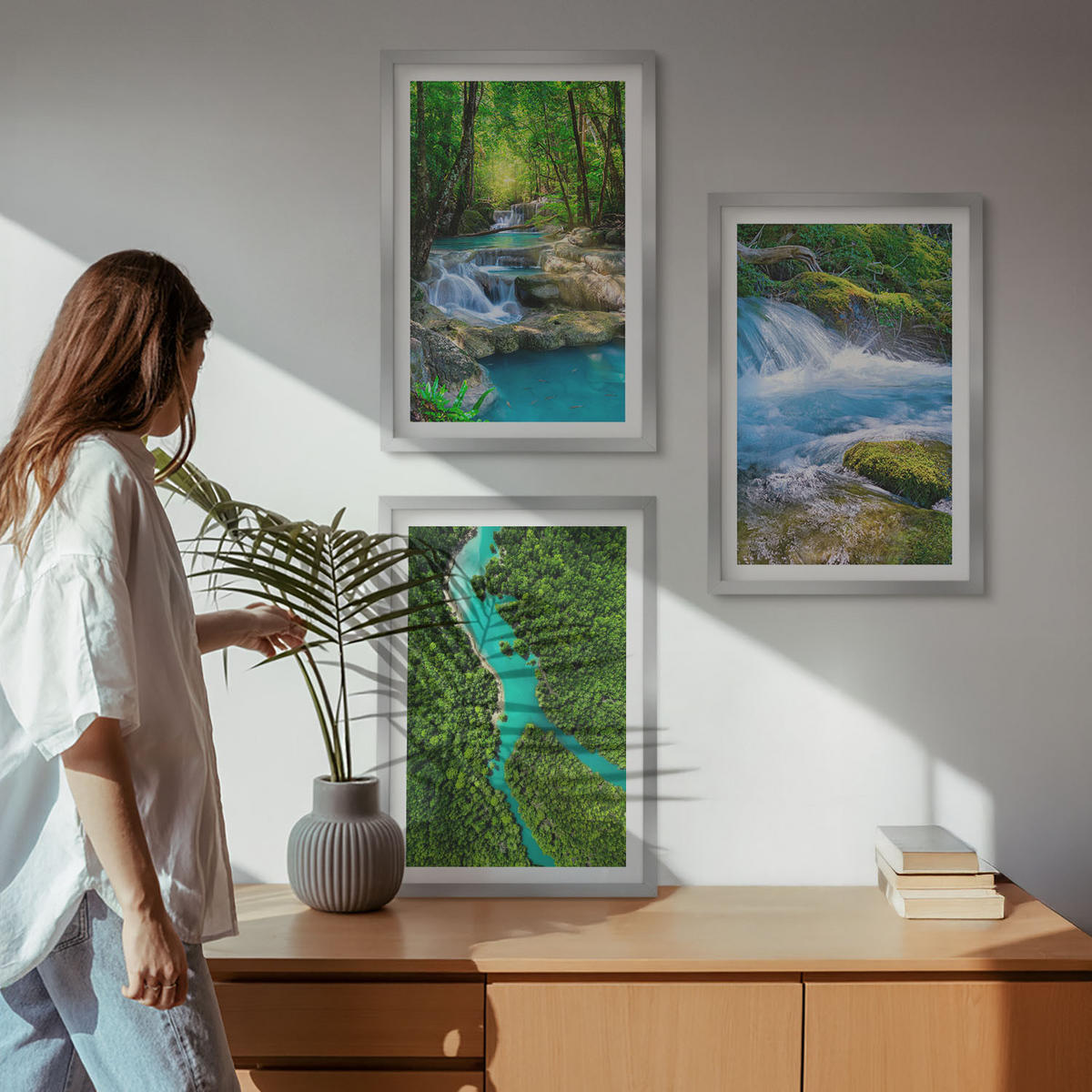 WANDBILDER 3er Set - 40x60 cm Silberner Rahmen - Grüne Wälder, kristallklares Wasser - Silberfarben, Kunststoff (40/60cm) - ArtPrintCave