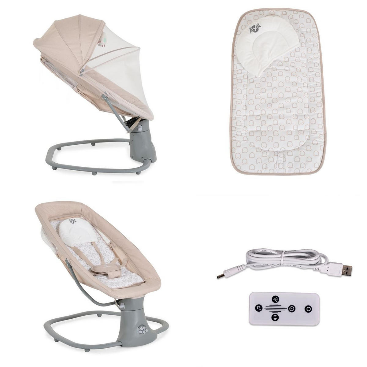 BABYWIPPE Axel 3 in1 beige Bluetooth, 5 Schaukelgeschwindigkeiten, Moskitonetz, 5-Punkt-Gurt - Beige, Metall - Moni
