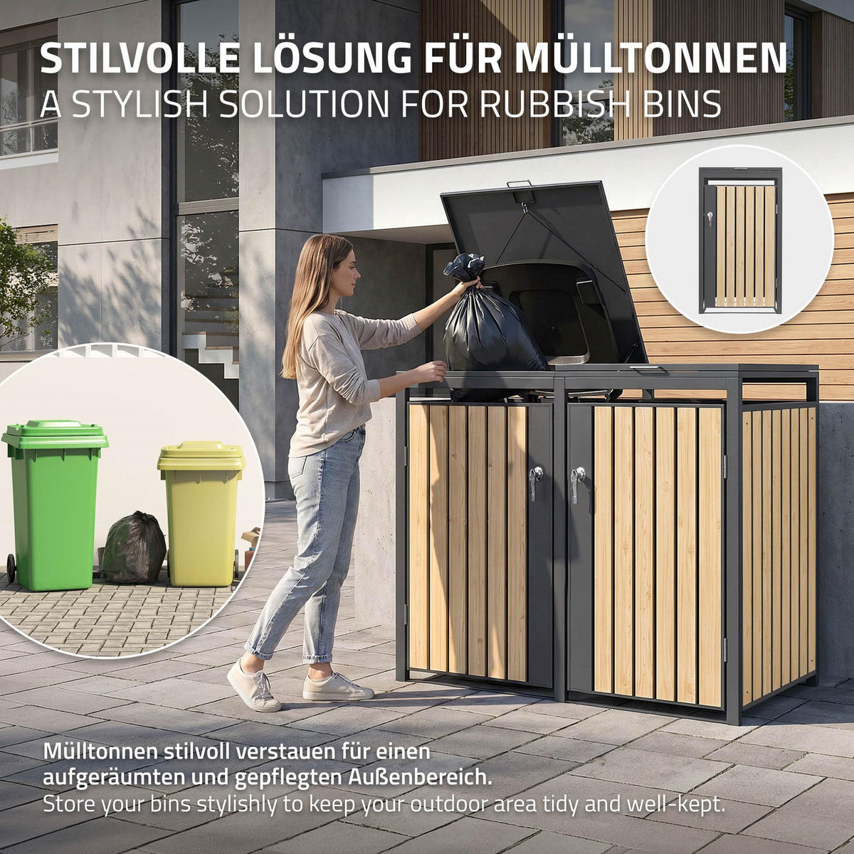 MÜLLTONNENBOX 3er Anthrazit-Lärchenoptik - Naturfarben, Metall (200/120/80cm) - ML-DESIGN