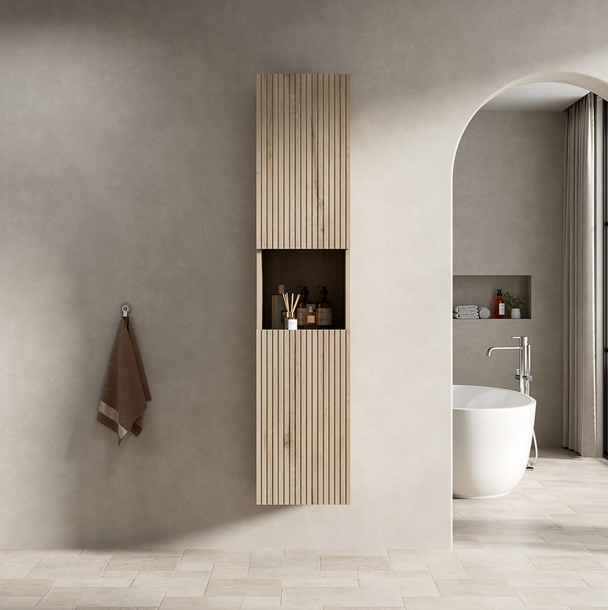 BADEZIMMERSCHRANK mit offenem Stauraum Weiß Eiche Holzwerkstoff - Weiß, Holzwerkstoff (35/35/160cm) - Beauniv