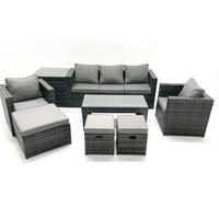 GARTENMÖBEL-SET COUCHTISCH SESSEL SOFA mit HOCKER Polyrattan Dunkelgrau Gemischt 8-Sitzer - Dunkelgrau/Grau, Glas/Kunststoff - Fimous