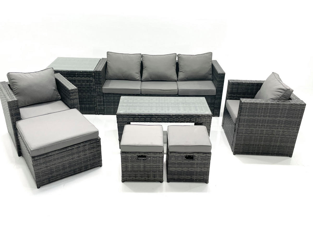 GARTENMÖBEL-SET COUCHTISCH SESSEL SOFA mit HOCKER Polyrattan Dunkelgrau Gemischt 8-Sitzer - Dunkelgrau/Grau, Glas/Kunststoff - Fimous