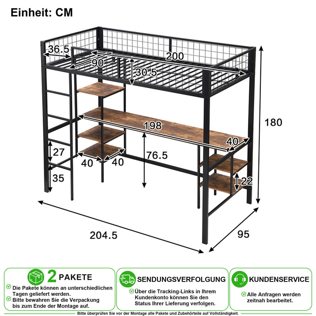 PATROVÁ POSTEL 90/200 cm v černé barvě s psacím stolem a policemi - černá, kov/kompozitní dřevo (90/200cm) - CHICFURN