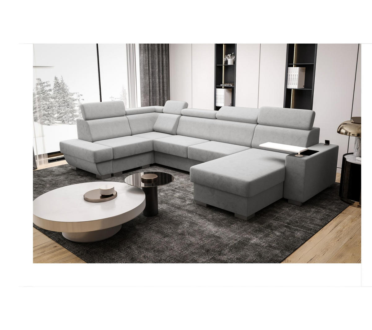 WOHNLANDSCHAFT KONGO RBN20, Eckcouch in U-Form mit Schlaffunktion, Farbe: Grau, Velourstoff, Ottomane Rechts - Grau, Textil (340/103/200cm) - O-Sofa