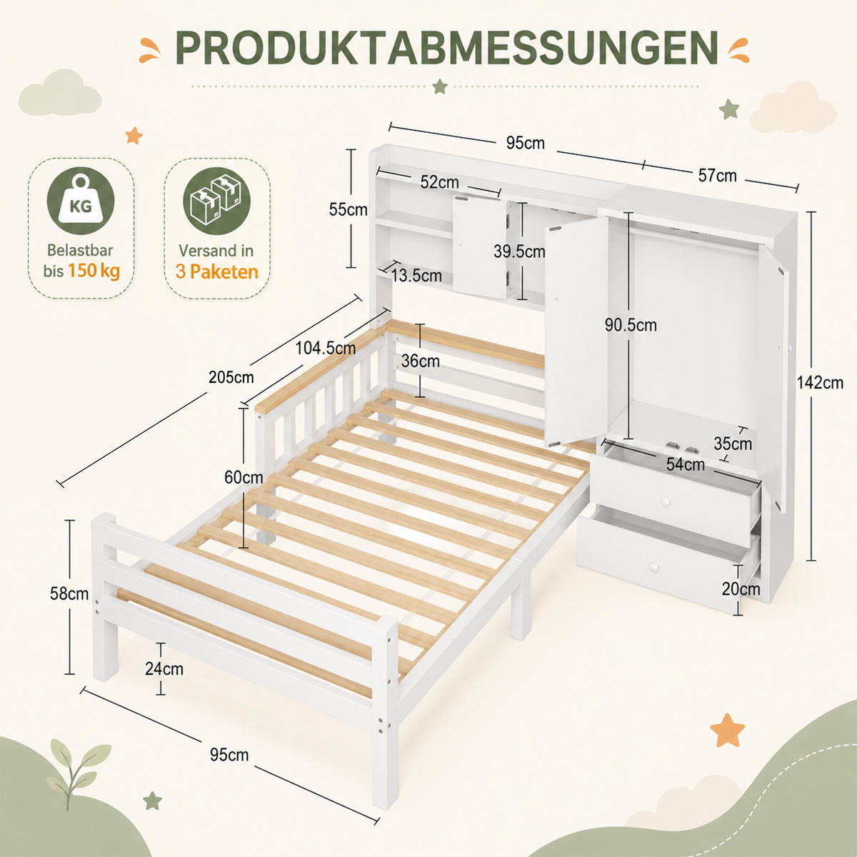 KINDERBETT 90/200 mit Kleiderschrank, Rausfallschutz & Schubladen, Holz, Weiß - Weiß, Holz (90/200cm) - LVHOM