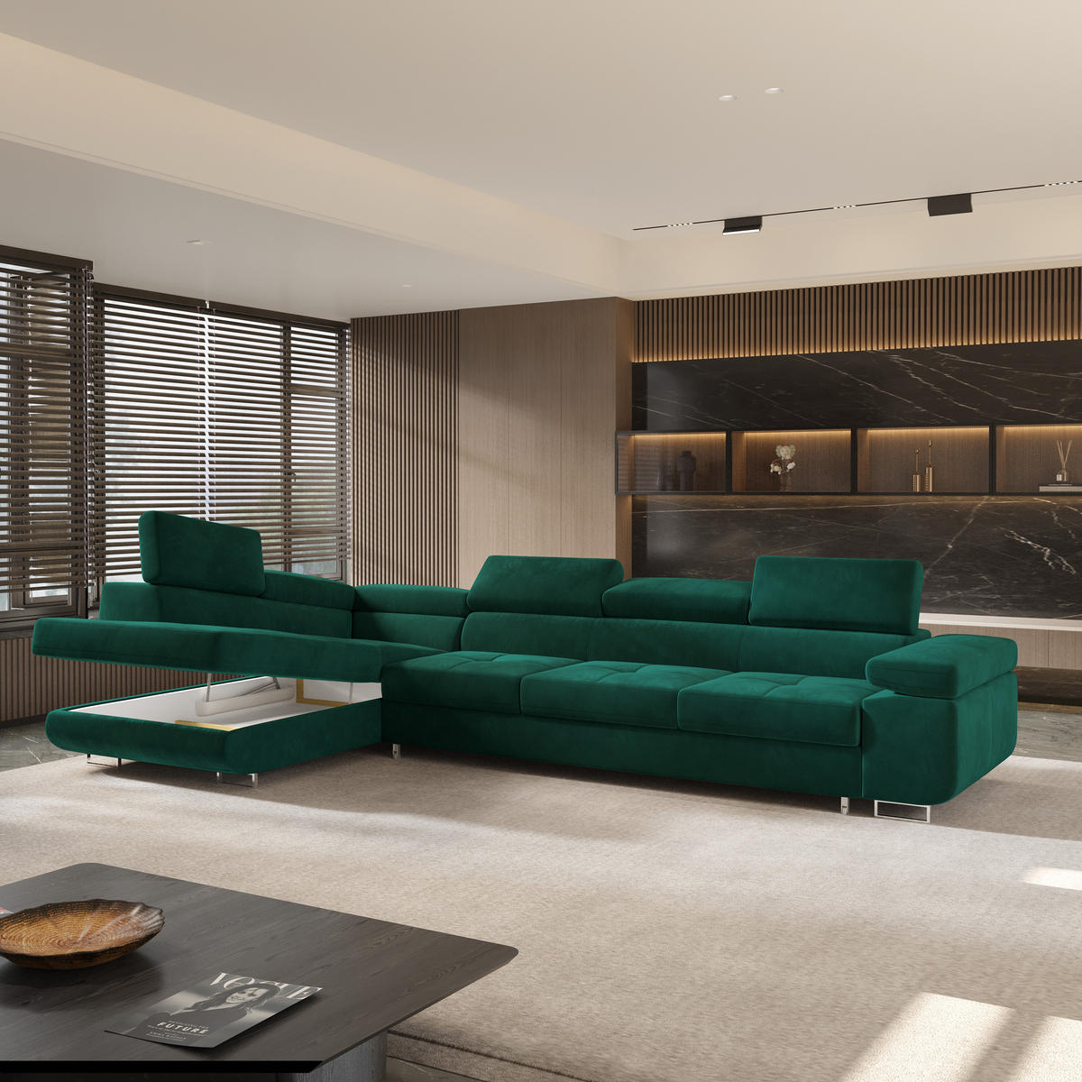 ECKSOFA VICENTE Grün Velours-Stoff mit Schlaffunktion - Grün, Holz (346/202cm) - MASSENO