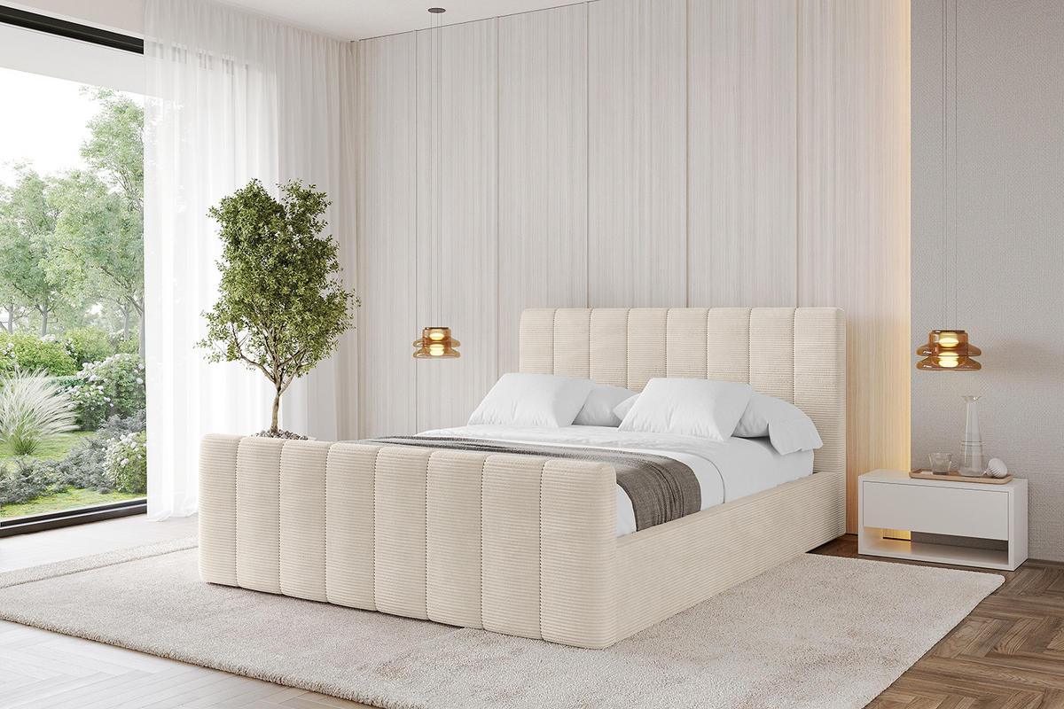 POLSTERBETT mit Bettkasten, Fußteil und Lattenrost, Boxbett mit Matratze H3/H4 - STERA-Z 140x200 Beige - Sandfarben, Holzwerkstoff/Textil (140/200cm) - ALTDECOR
