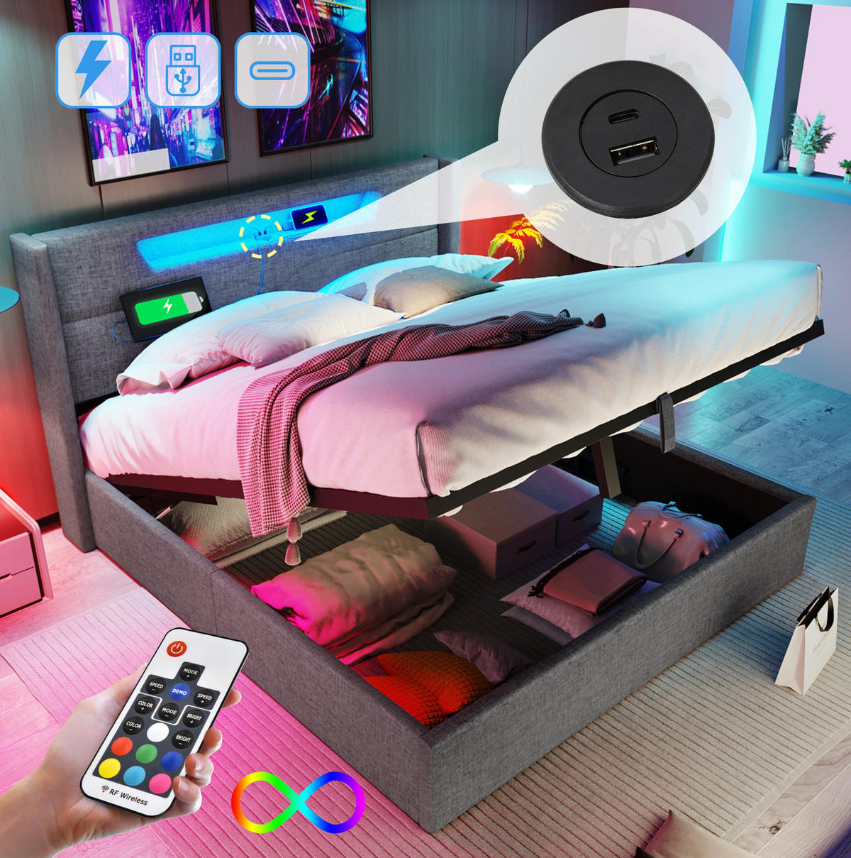 POLSTERBETT 140/200 cm grau aus Leinen mit LED und USB-C - Grau, Textil (140/200cm) - OKMYHOME