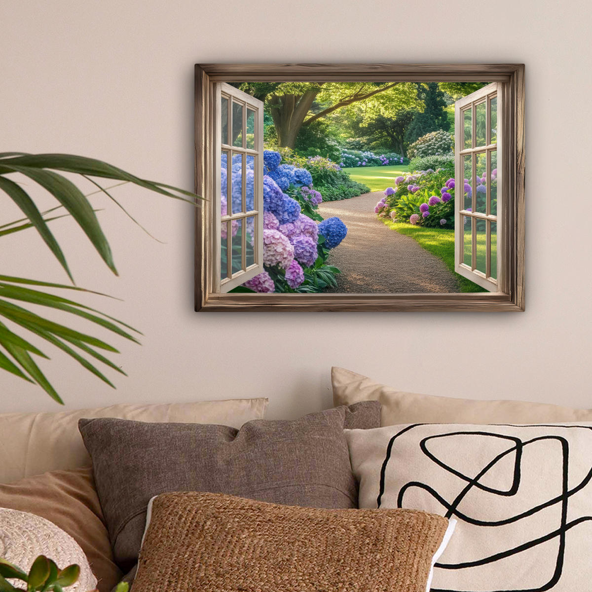 LEINWANDBILD Aussicht - Garten - Fenster - Hortensie - Blumen 40x30 cm - Pastellblau, Textil (40/30cm) - MuchoWow