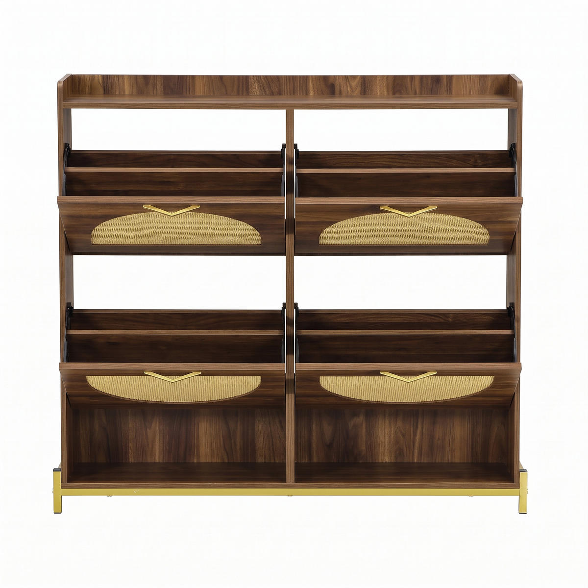 SCHUHSCHRANK Nussbaum 4 Klappen Rattan-Optik & 2 Fächer - Walnussfarben, Holzwerkstoff (108.5/100/24cm) - Urban Meuble