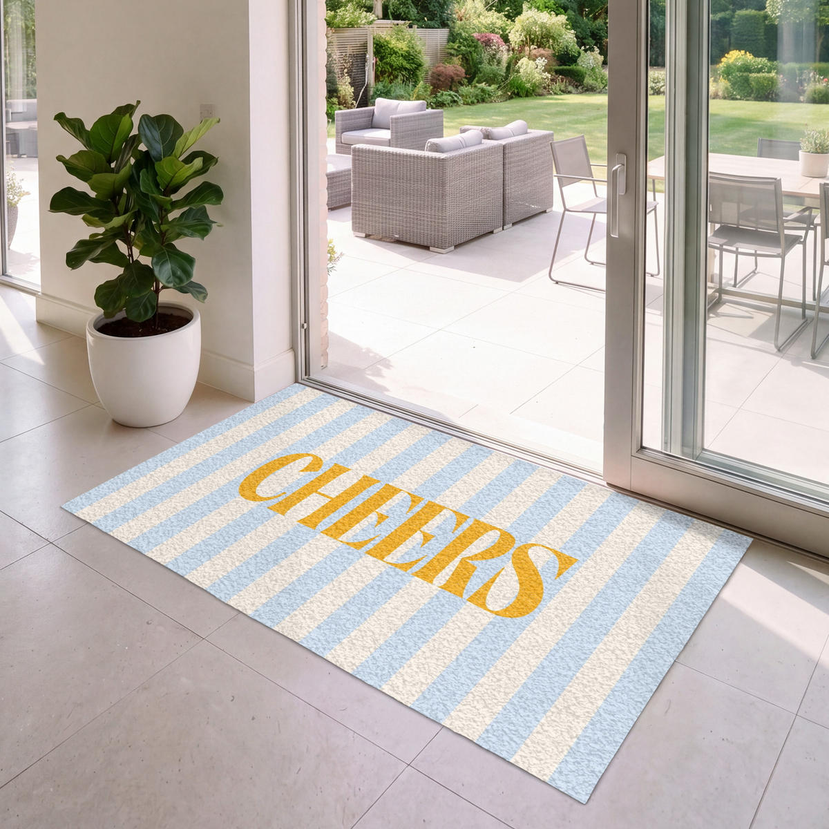 FUSSMATTE Orange – Blau – Streifen – Cheers 150x90 cm - Hellblau, Kunststoff (150/0.4cm) - MuchoWow