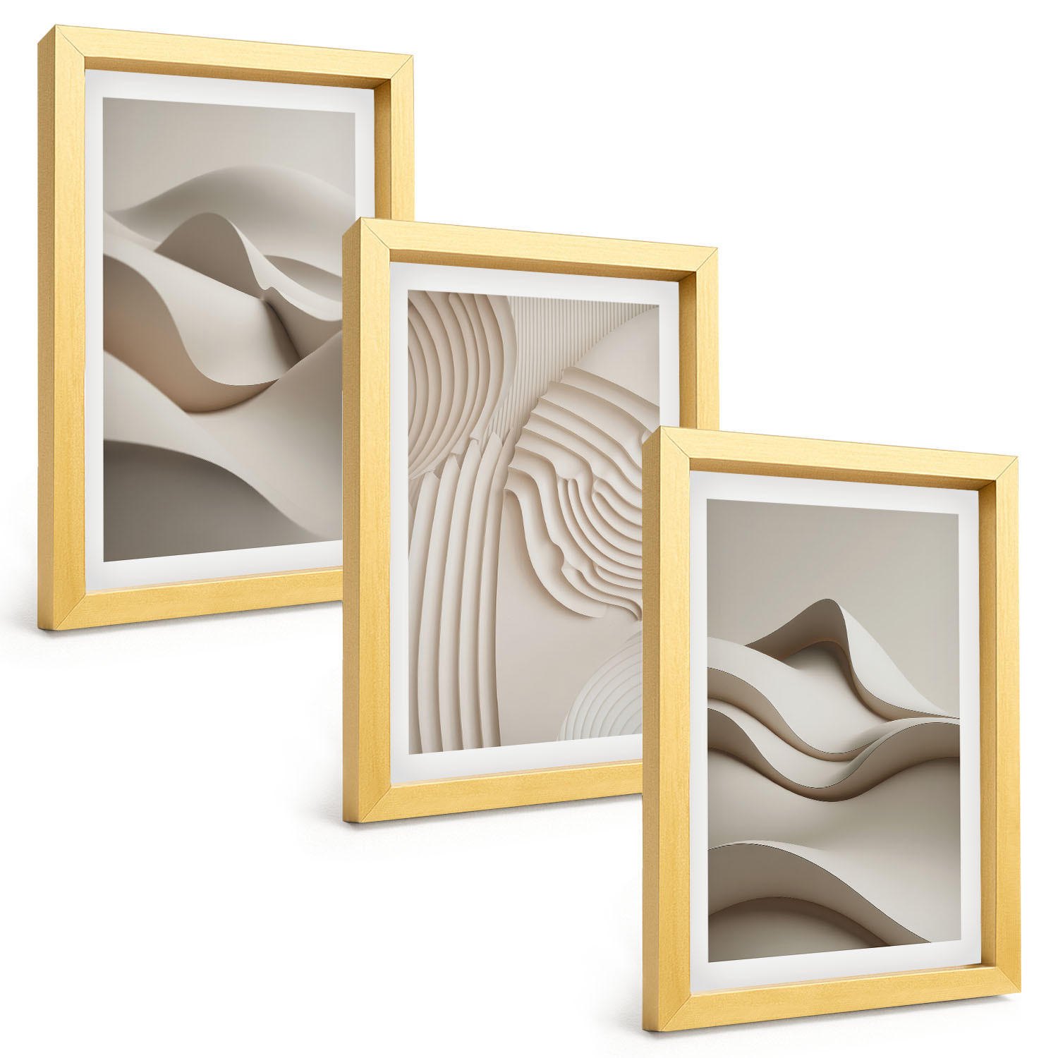 BILDER SET 3er Set - 20x30 cm Goldrahmen - Abstrakte beige Wellen - Goldfarben, Kunststoff (20/30cm) - TULUP