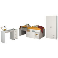 KINDERZIMMER weiß, grau, Komplett-Set mit Stauraumbett, Kleiderschrank, Schreibtisch - Silberfarben/Weiß, Holzwerkstoff/Kunststoff (135/185/203cm) - Parisot Meuble