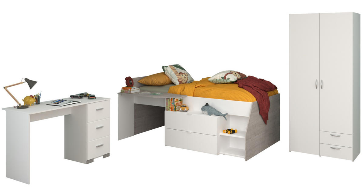 KINDERZIMMER weiß, grau, Komplett-Set mit Stauraumbett, Kleiderschrank, Schreibtisch - Silberfarben/Weiß, Holzwerkstoff/Kunststoff (135/185/203cm) - Parisot Meuble