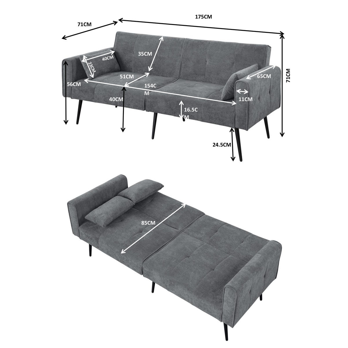 SCHLAFSOFA Cordstoff 3-Sitzer mit Armlehnen & Metallfüßen 175×71×71 cm - Orange, Holzwerkstoff/Textil (175/71/71cm) - Urban Meuble