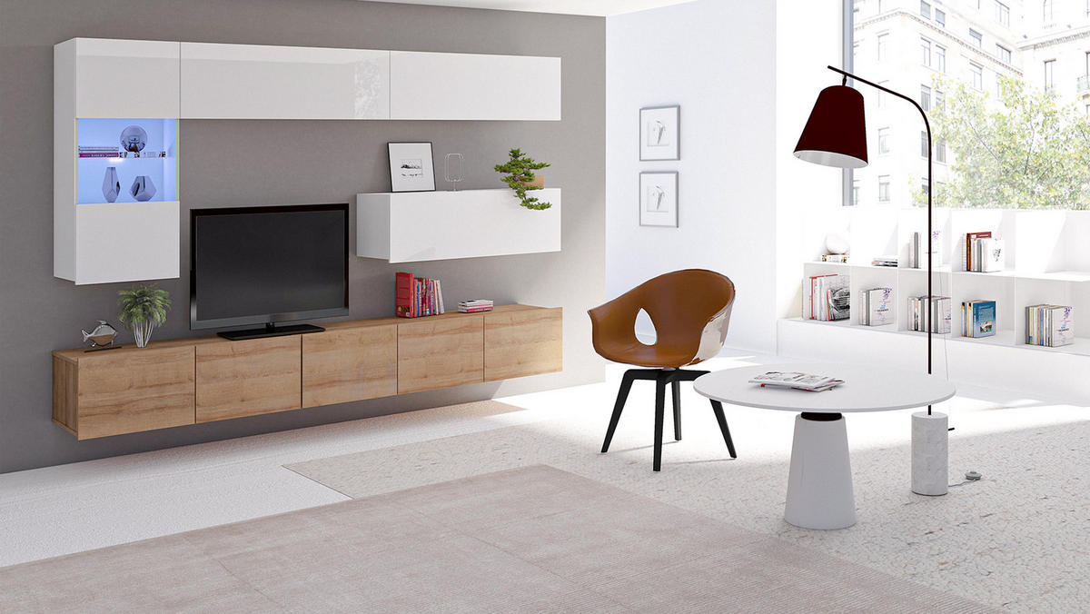 WOHNWAND Kossana 4 Modern Weiß/Goldene Eiche 255/142/43 cm Designmöbel - Hellbraun/Weiß, Holzwerkstoff/Kunststoff (255/142/43cm) - AX Living