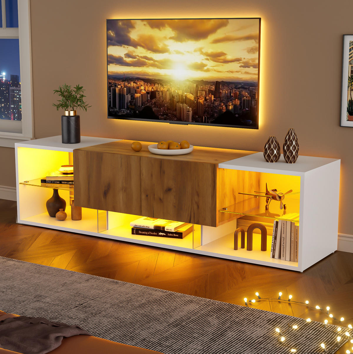LOWBOARD 160/40/42 cm in Weiß und Eichefarben mit LED-Beleuchtung und 2 Schubladen - Hellbraun, Holzwerkstoff (160/42/40cm) - Flora Grace