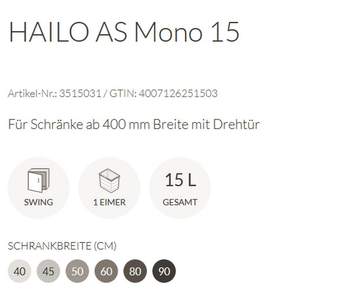 MÜLLEIMER Hailo Mono 1x 15 Liter Küche Einbau ab 40cm Schrank Weiss - Weiß, Metall (36/36.5/30.4cm) - Hailo